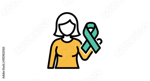 A simple line drawing of a woman holding a teal ribbon in her hand on a white background.
