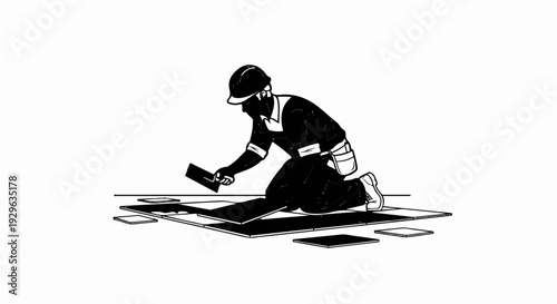 Construction worker kneeling, applying tiles with a trowel