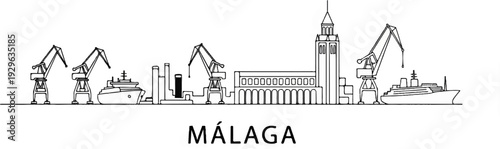 A schematic view of a port with cranes and ships, dominated by a prominent tower