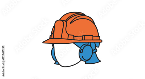 Illustration of a safety helmet with ear protectors on a white background, with a blue chin strap and orange hard hat.