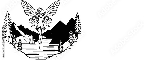 A winged sprite poses near a lake with mountains and pine trees in a monochrome illustration