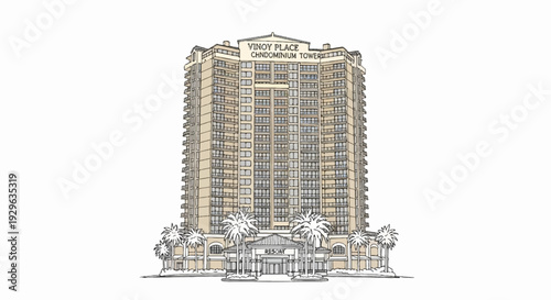 A tall, light brown condominium tower with balconies, palm trees, and an entrance