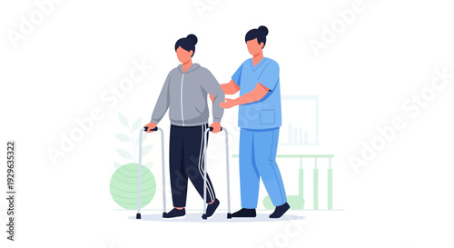 Physical Therapy and Rehabilitation: Nurse Assisting Patient with Walker for Recovery and Mobility Support. Healthcare and Medical Aid Concept.