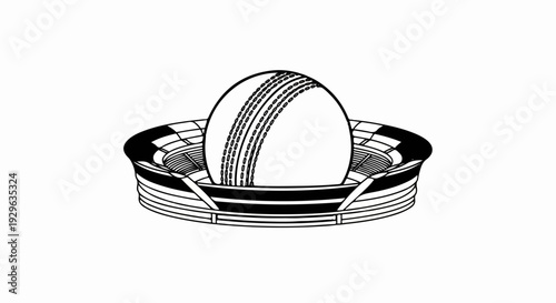 A simplified line drawing shows a cricket ball centered within an empty stadium