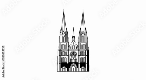 Line drawing of a grand church with twin spires and rose window