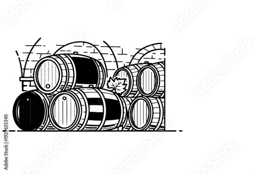 Stacked wooden barrels in a brick cellar, with a single vine leaf