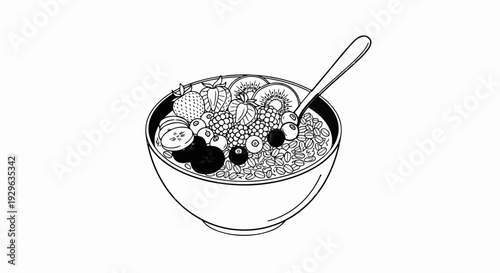 Black and white drawing of a bowl of cereal and fruit with a spoon