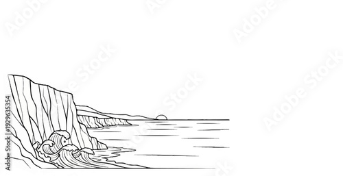 Rugged cliffs meet rolling ocean waves under a setting sun