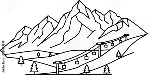 A minimalist illustration of a mountainous landscape with a ski lift ascending the slopes