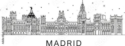 Outline of Madrid skyline with snow falling, text MADRID below