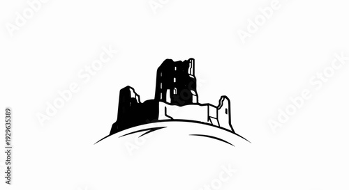 Stylized black ink drawing of castle ruins atop a hill
