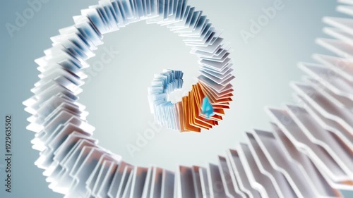 abstract 3D visualization of digital file management. The main element is a helical spiral composed of numerous thin, stylized file folders or documents layered on top of each other.
