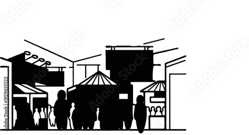 Stylized black and white depiction of an outdoor marketplace scene with stalls
