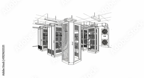Rack servers and cooling units arranged in a data center with visible cabling