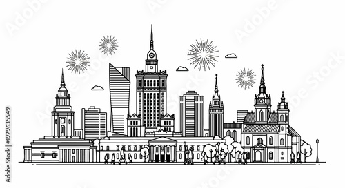 A minimalist black and white line drawing of a city skyline at night with fireworks