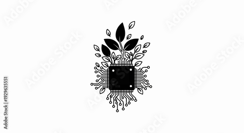 A black microchip with leafy green sprouts growing from its circuit board