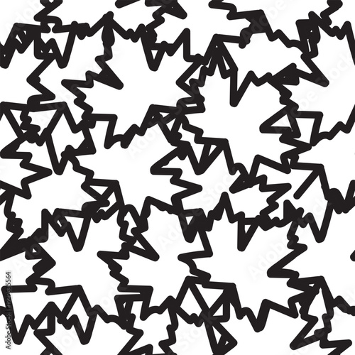 Seamless maple leaf line pattern with stacked outline leaves in black on white background. Clean autumn repeat ideal for fabric, packaging, and branding.