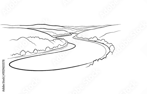 A winding river flows through rolling hills and sparse trees under a clear sky