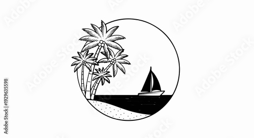 A circular depiction of a tropical scene with palm trees and a sailboat on the ocean