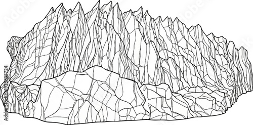 Abstract black and white mountainous terrain with sharp peaks and jagged textures