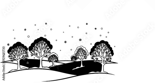 Stylized winter scene with trees, rolling hills, and falling snow
