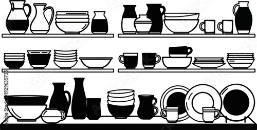 Shelves are filled with various ceramic jugs, bowls, cups, and stacked plates