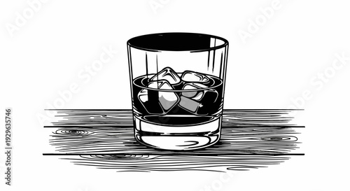 A glass tumbler filled with ice cubes sits on a wooden surface