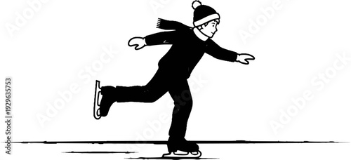 A person ice skating in a black outfit, scarf, and hat