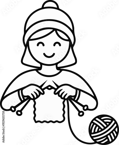 A smiling person wearing a hat, knitting with yarn and needles, with a ball of yarn