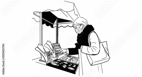 Woman with mask shops for jewelry at outdoor market stall
