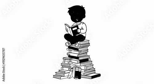 A child sits cross-legged atop a tall stack of books, engrossed in reading