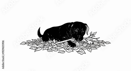 A black puppy with curious eyes plays with a stick amidst fallen leaves