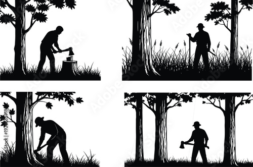 Woodcutter silhouette scenes set, lumberjack chopping and cutting trees with axe, forestry worker vector illustration isolated on white background collection
