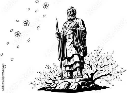 Ancient figure stands tall near blooming trees amidst falling blossoms