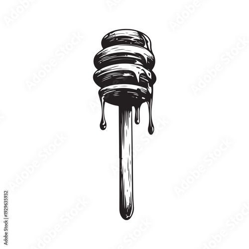 a honey dipper dripping sweet golden syrup into a pool below 