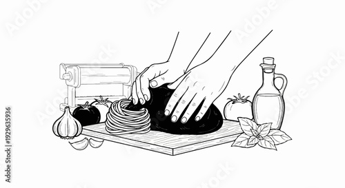 Hands kneading dark dough beside pasta maker, tomatoes, garlic, oil, and basil