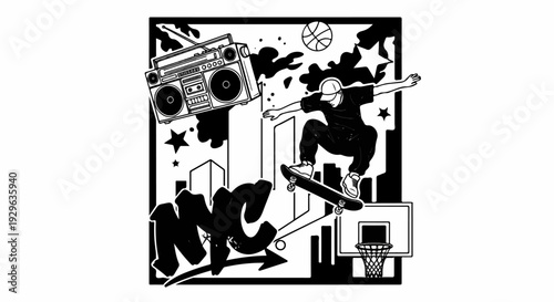 Urban street art featuring a skater mid-air, boombox, basketball, and city skyline