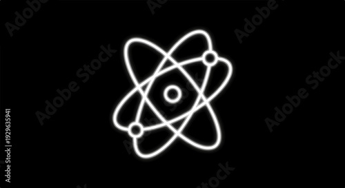 A glowing white atom symbol with orbiting electrons against a black backdrop