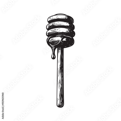 a honey dipper dripping sweet golden syrup into a pool below 