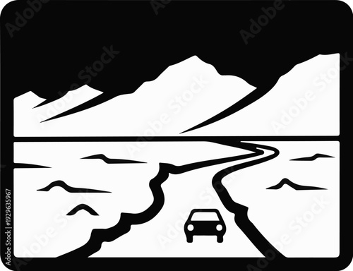 A car drives on a winding road through a barren landscape towards mountains