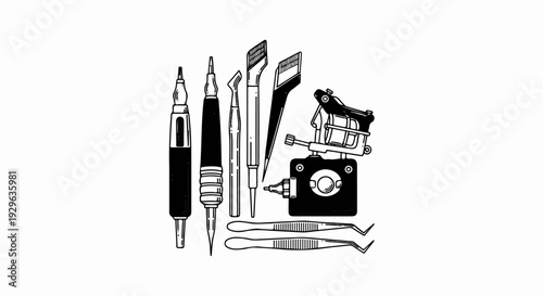 An assortment of tattoo and cosmetic tattooing instruments including pens and tweezers