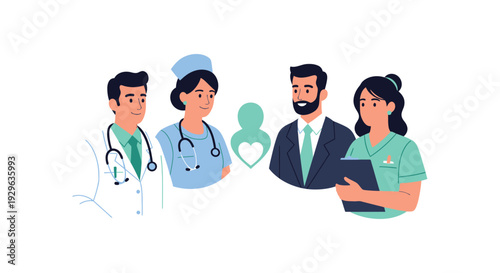 Diverse Healthcare Team & Patient Support Illustration: Doctors, Nurses, and Professionals Collaborating for Medical Care and Wellness Services