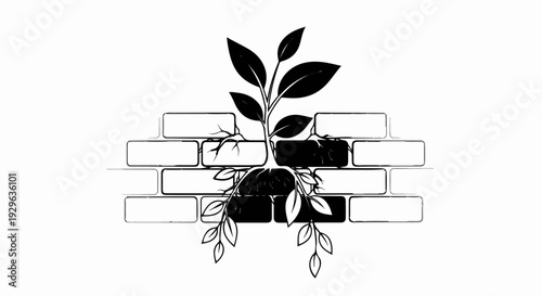 A plant with roots grows through a brick wall, symbolizing resilience and new beginnings