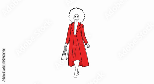 Fashionable woman in red suit with afro hairstyle holding a handbag