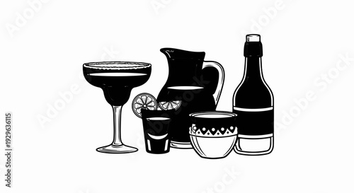 Assortment of drinkware a margarita glass, shot glass, pitcher, decorated bowl, and bottle