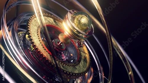 3D rendering of a stylized astrolabe or armillary sphere, blending ancient 
navigational aesthetics with futuristic engineering.At the center sits a textured 
golden celestial orb.