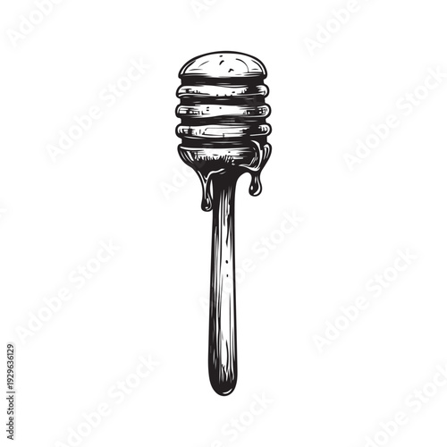 a honey dipper dripping sweet golden syrup into a pool below 