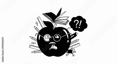 A distressed apple wearing glasses, surrounded by school supplies