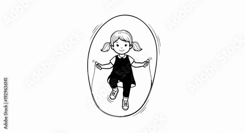 Joyful child with pigtails playfully jumps rope inside an oval enclosure