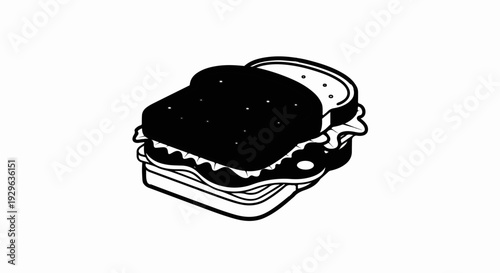 Isometric black and white illustration of a multi-layered sandwich with lettuce and fillings